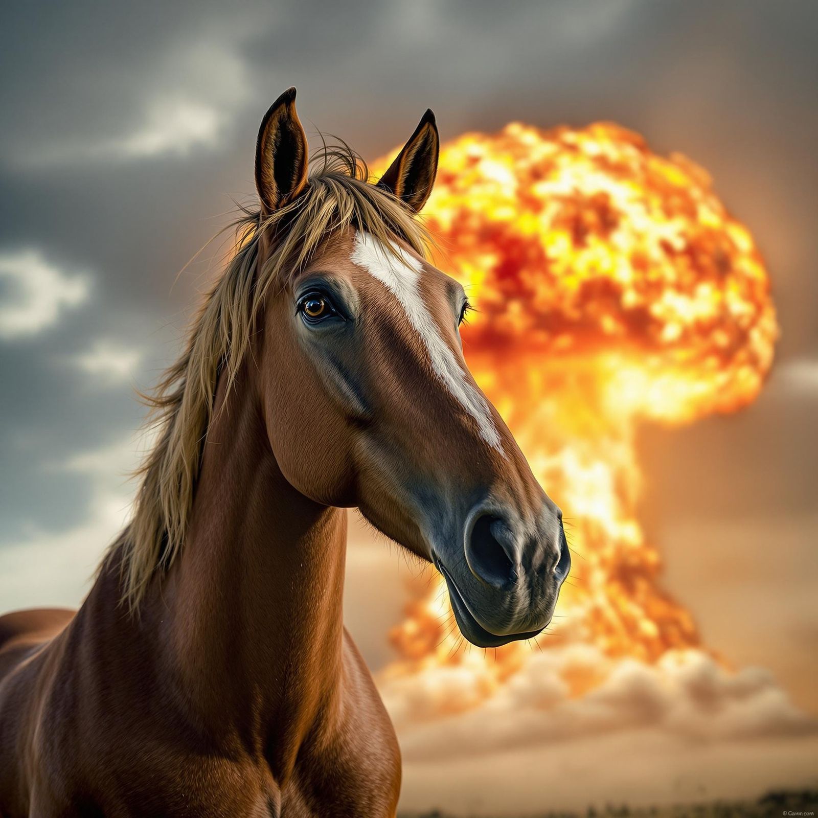 Horse Stares at Camera with Nuclear Explosion