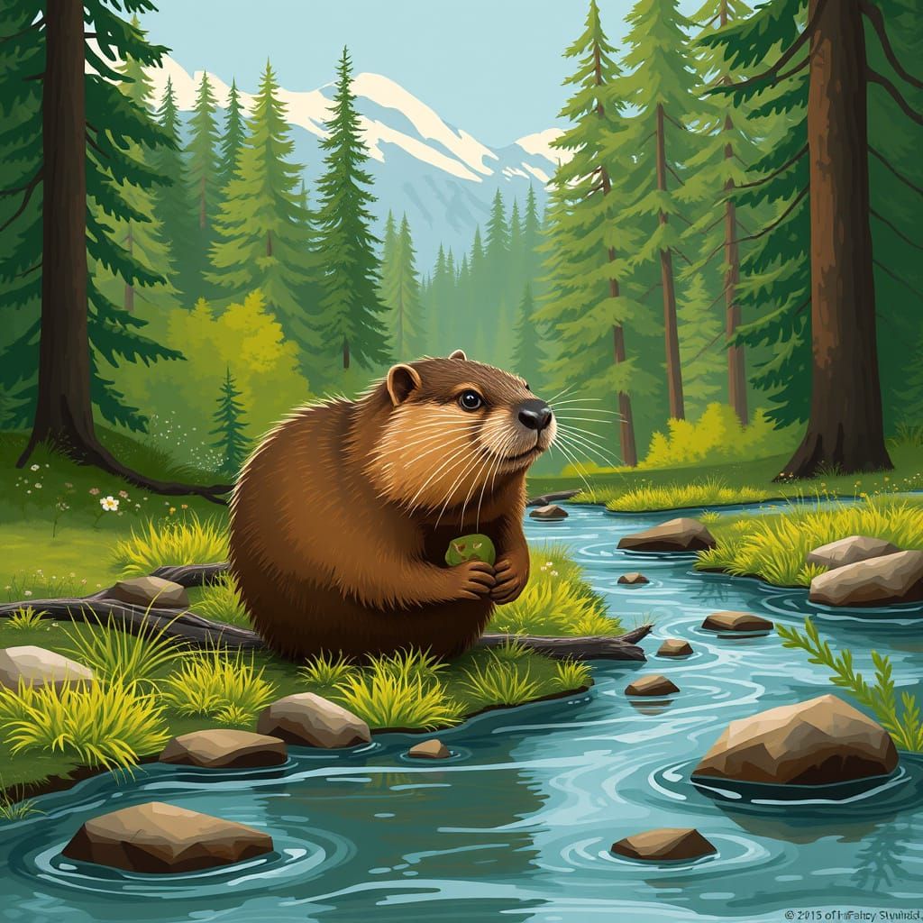 Beaver in Forest Landscape, Wildlife Art Style