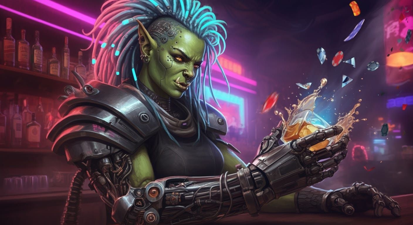 Cyberpunk Barkeep Reigns in Neon-Lit Tavern