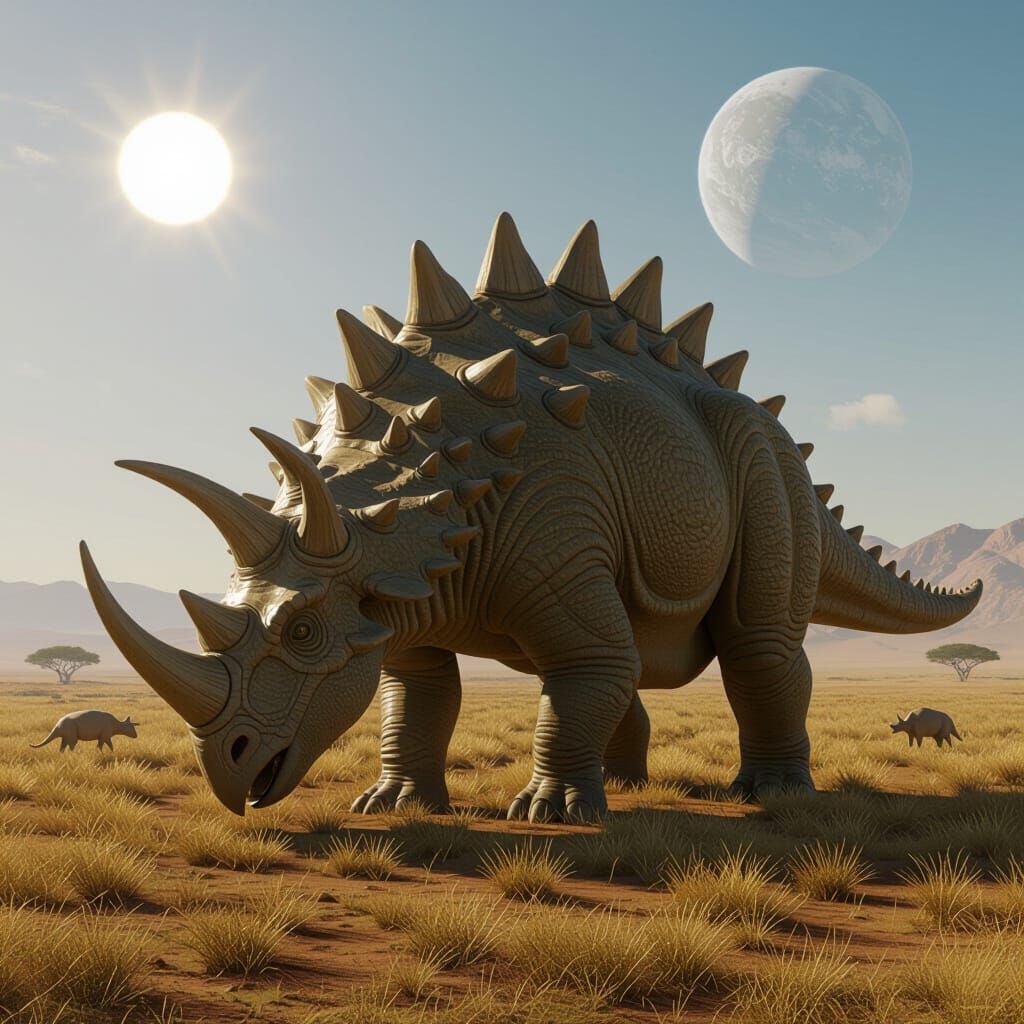 Ridgeback Goliath Grazing Under Twin Suns