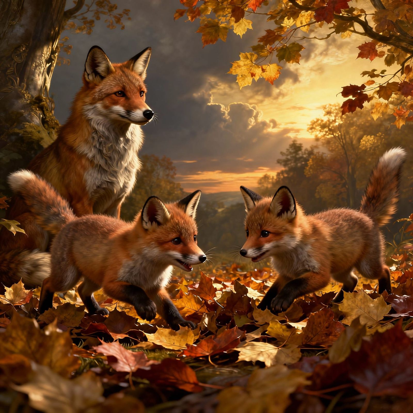 Victorian Foxes Playing in Autumn Leaves
