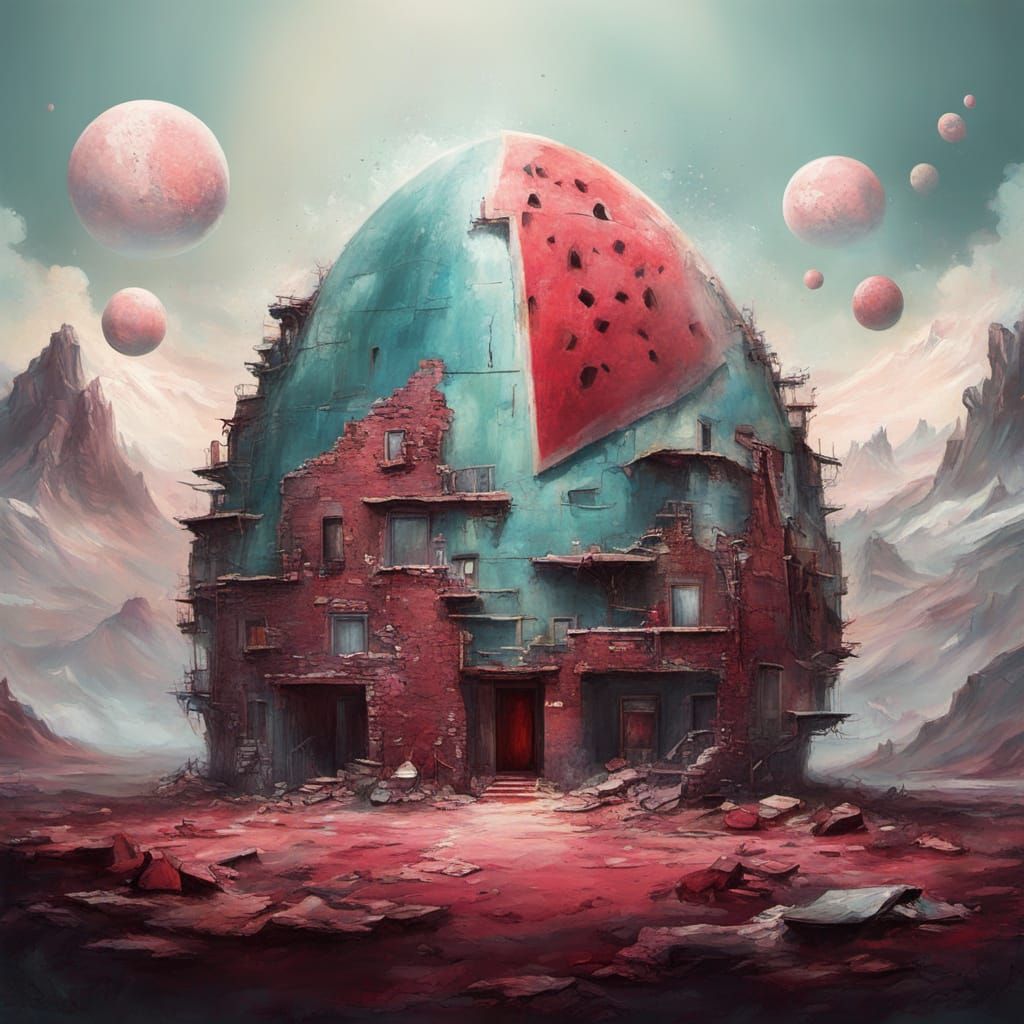 Surreal Cyberpunk Painting of a Brick Egg