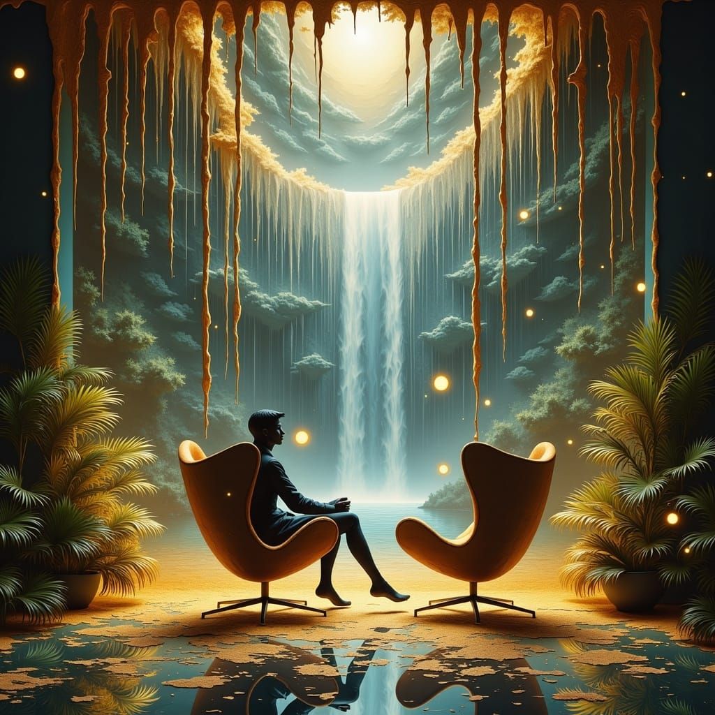 Magical Indoor Scene with Golden Waterfalls