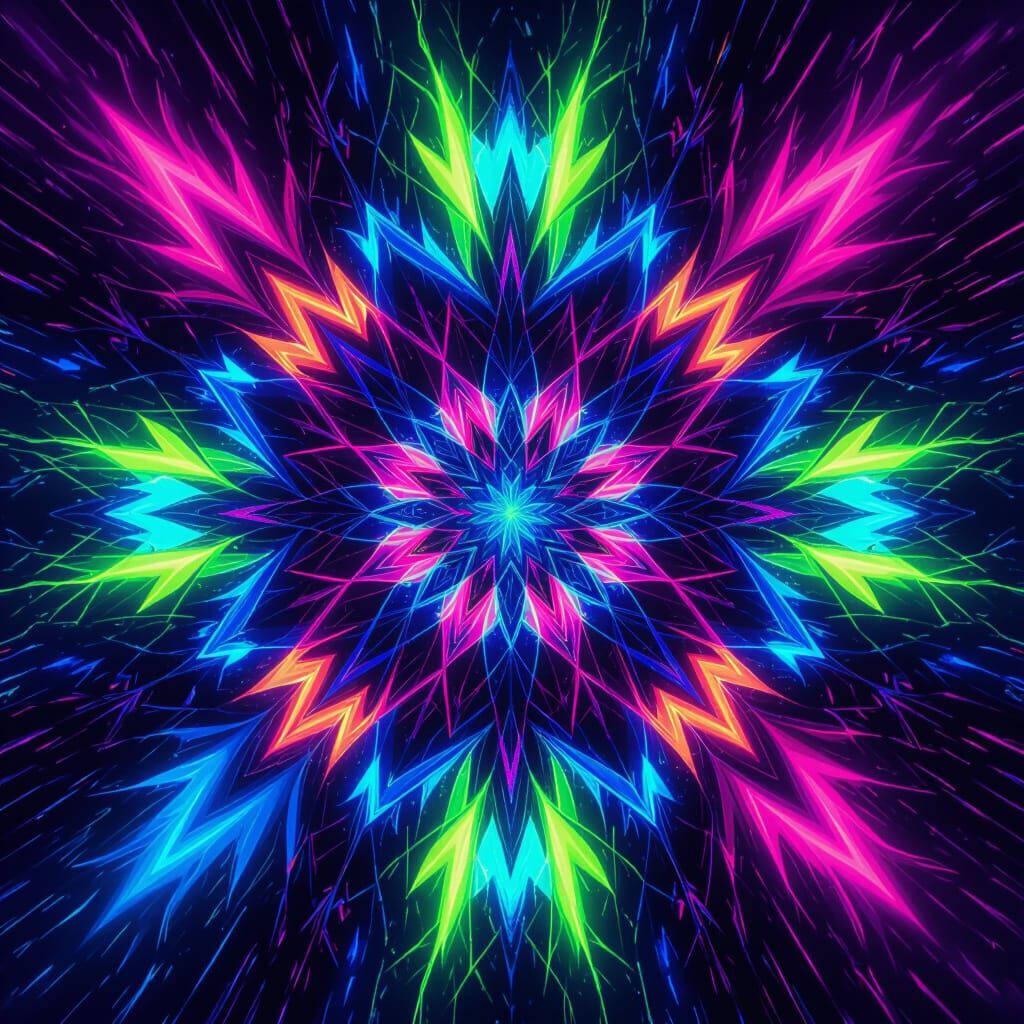 Vibrant Neon Paint Explosion with Symmetrical Geometric Shap...