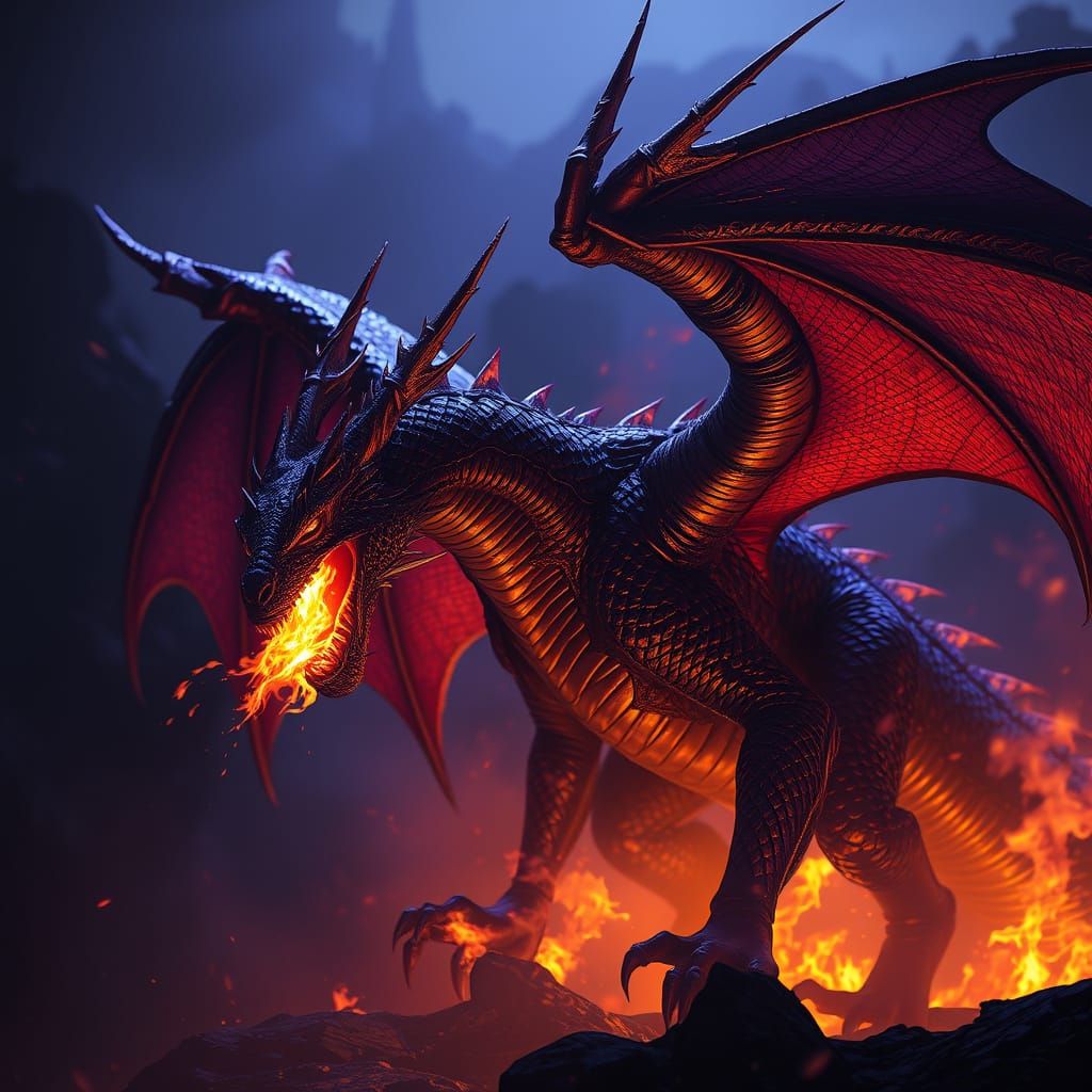 Dark Dragon Unleashes Fire in Mystical Realm