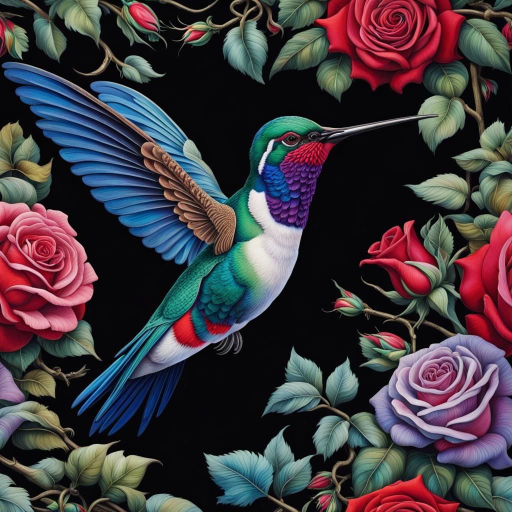 Intricate Hummingbird with Rose in Fairytale Style