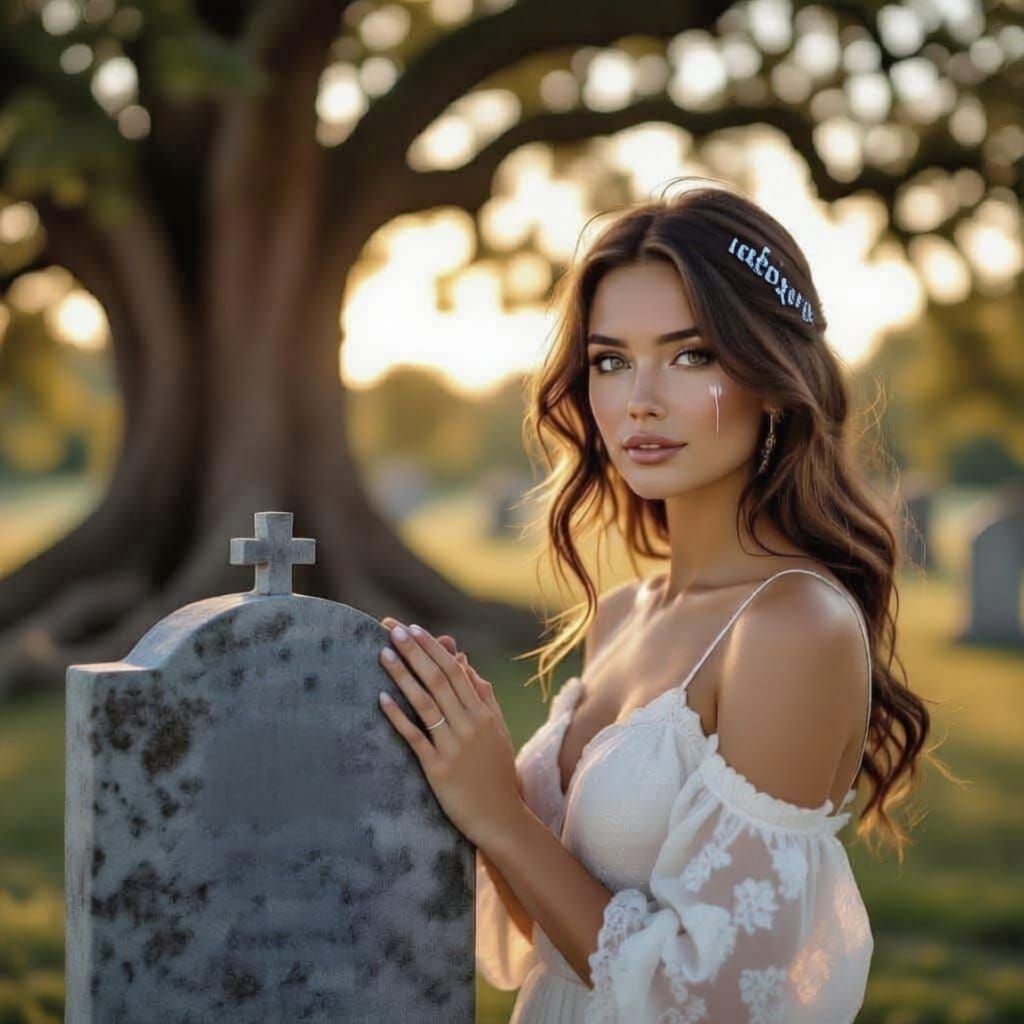 Woman's Eyes Reflect Universe Beside Grave, Love Radiates