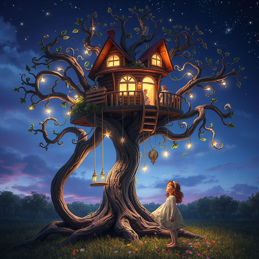 Enchanted Treehouse Emerges from Seed in Dreamlike Fantasy A...