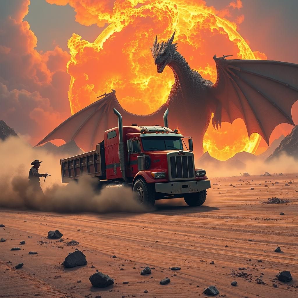 Red Truck and Black Dragon in Futuristic Landscape