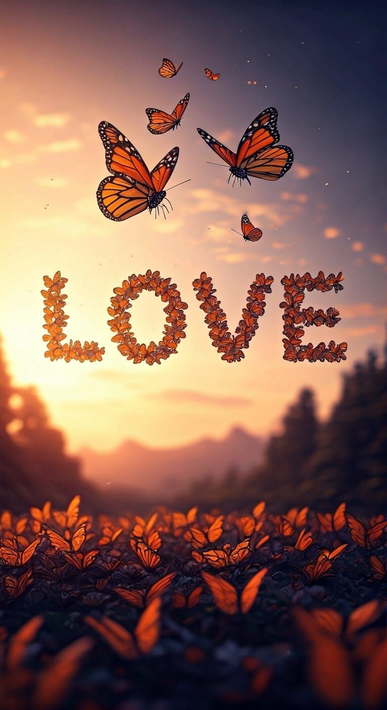 Monarch Butterfly Swarm Spells Love in Sunset Sky