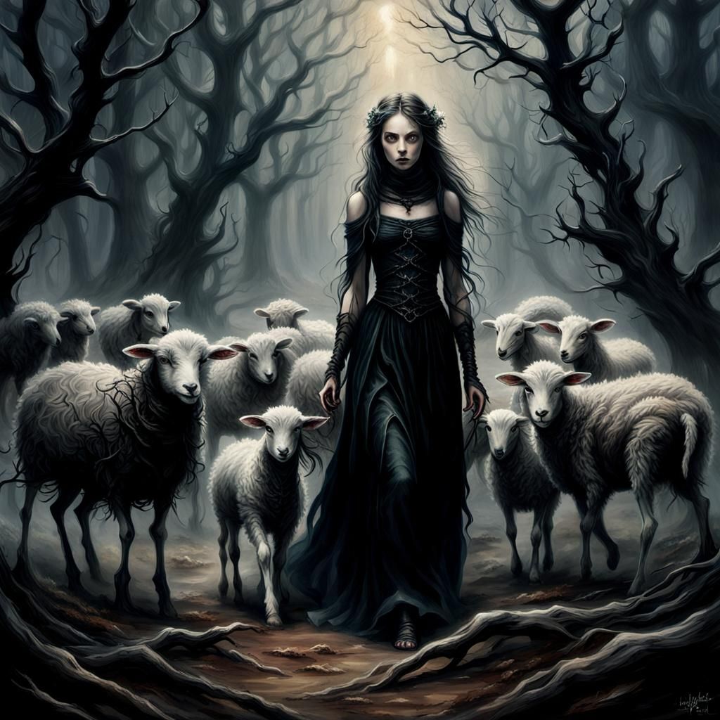 Mary Walks Through a Haunting, Gothic Forest with Her Lamb