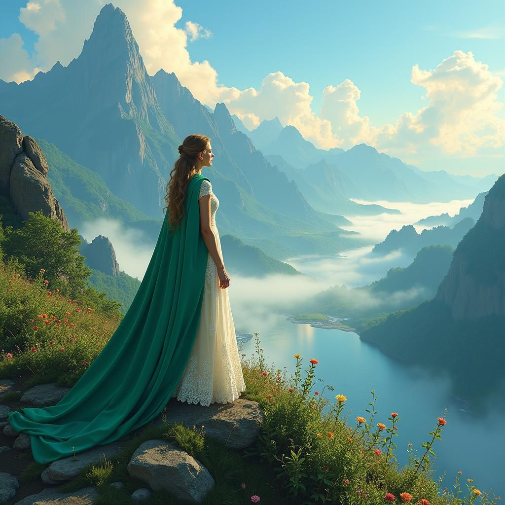 Woman on Floral Mountain in Hyper-Realistic Oil Painting