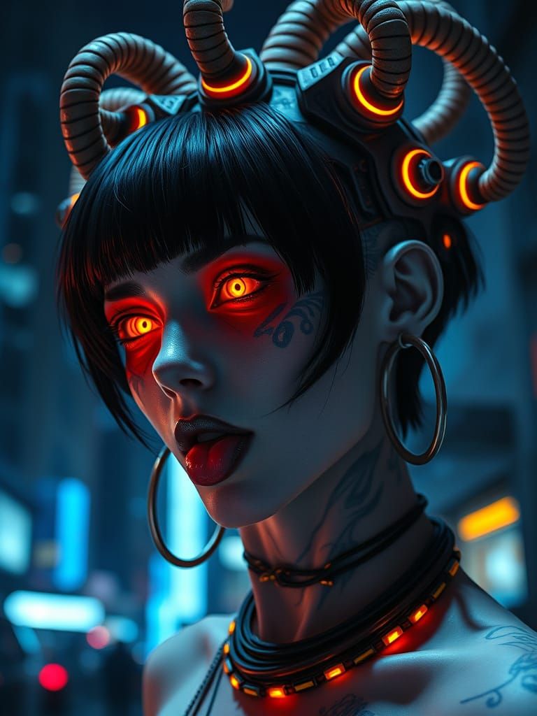 Cyberpunk Woman With Horns And Glowing Eyes