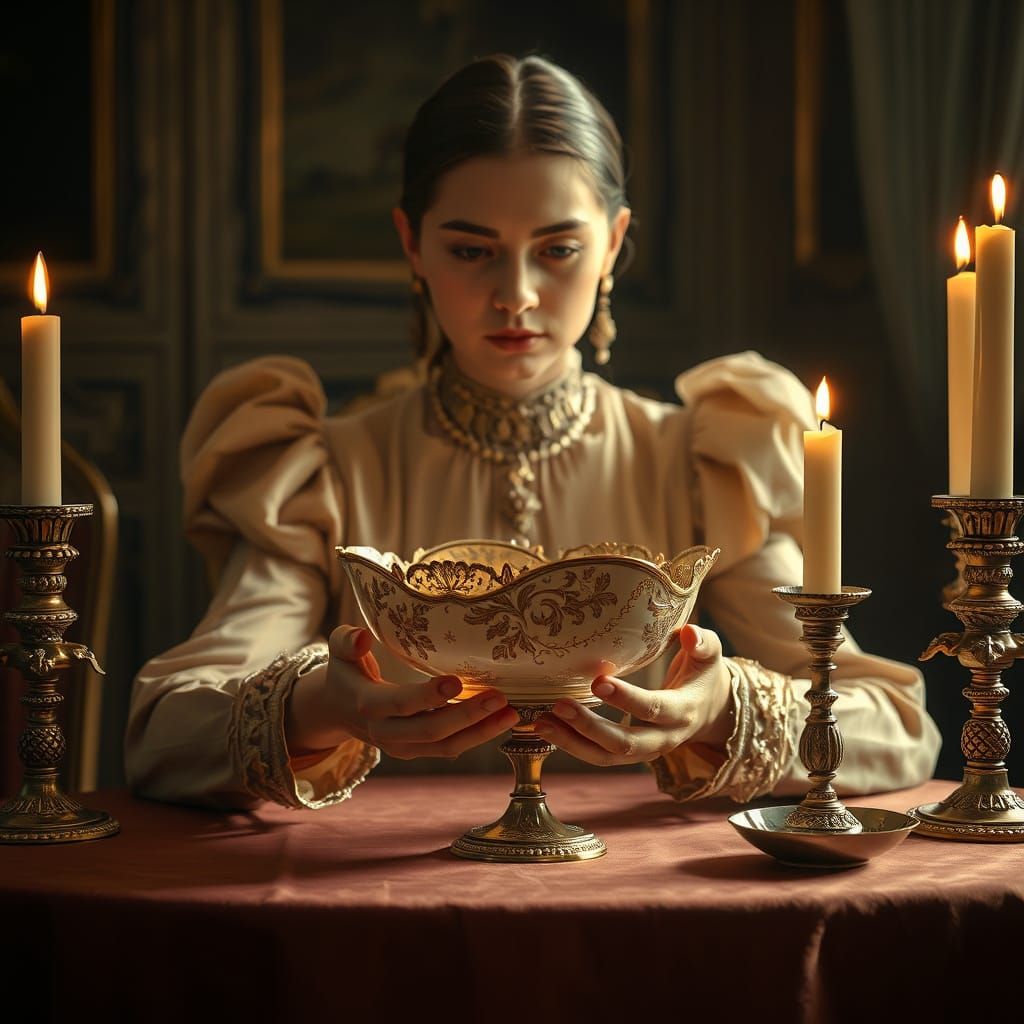 Elegant Gentleman Savoring Golden Delicacies in Candlelit Am...