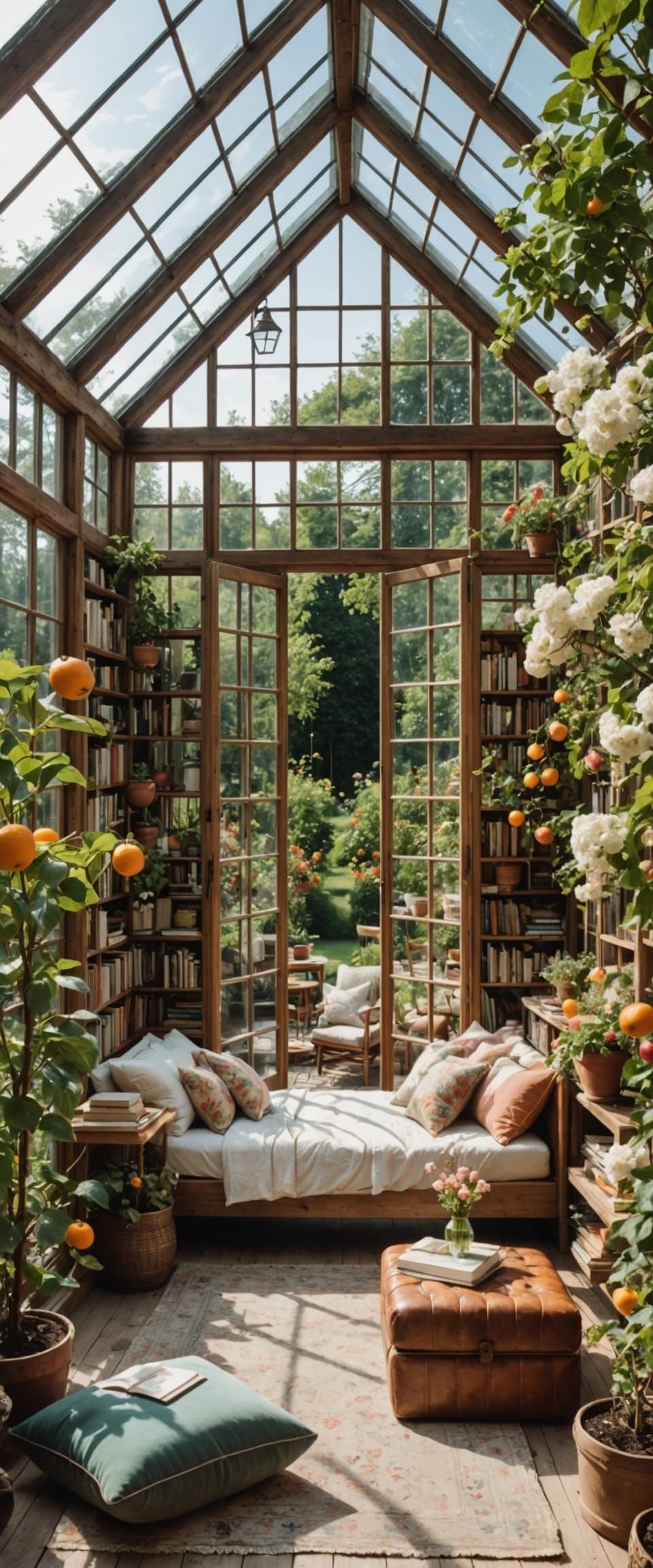 Whimsical Glass House Sanctuary with Vibrant Blooms and Cozy...