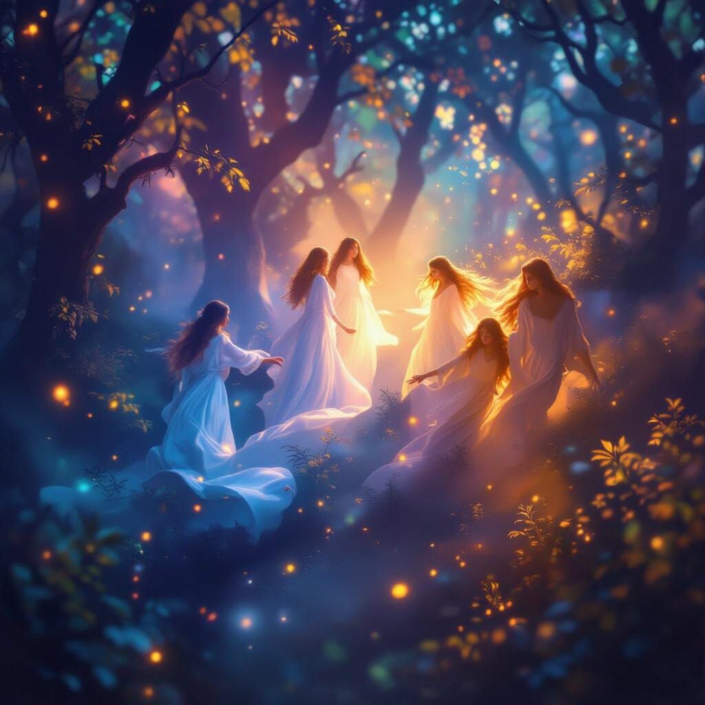 Ethereal Women Floating in Misty Forest
