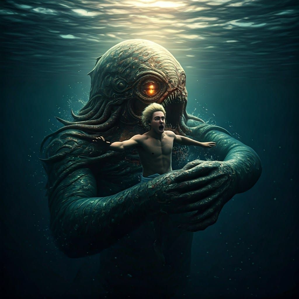 Eldritch Sea Monster Attacks Swimmer in Golden Hour