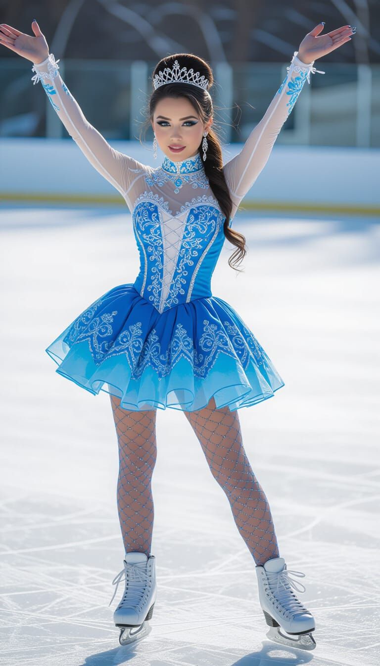 Hispanic Ice Skater in Embroidered 80s Blue Dress