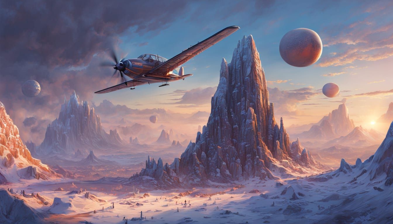 Airplane Over Alien City on Ice Mountain