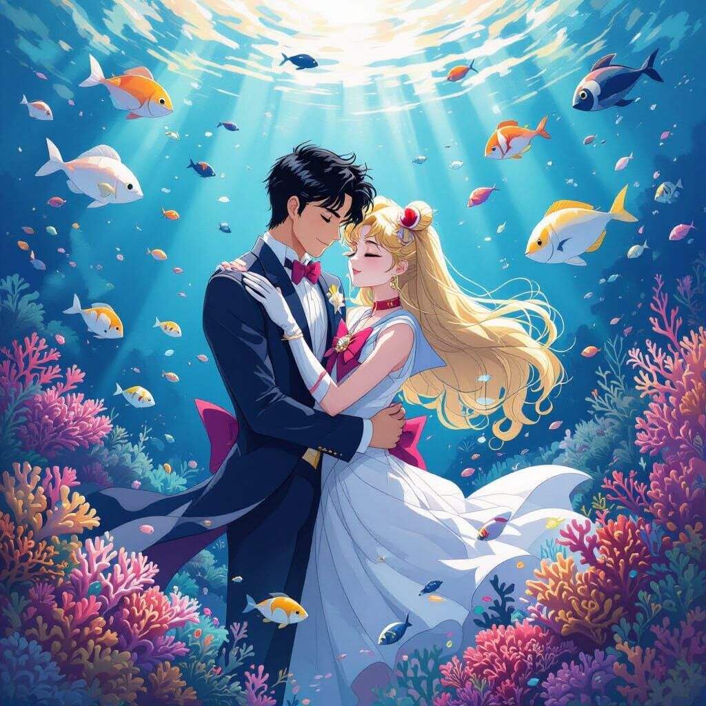 Sailor Moon and Tuxedo Mask's Oceanic Embrace