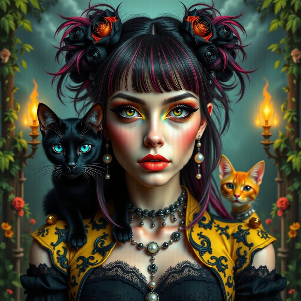 Goth Woman With Wild Hair and Black Cat, Digital Art