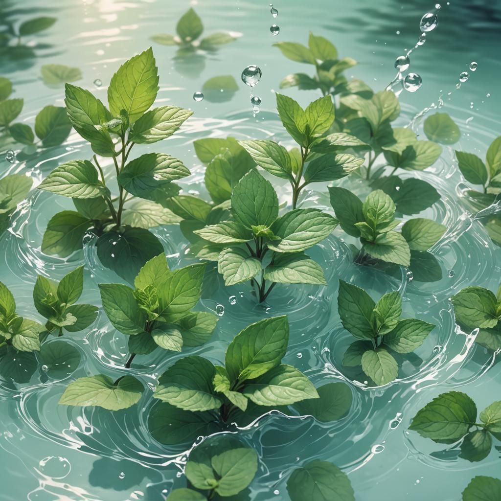 Refreshing Mint Splash in Water: 3D Anime Art