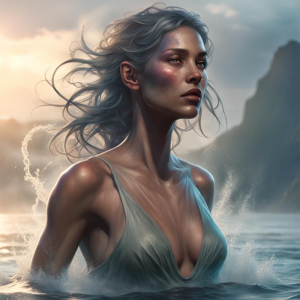 Ethereal Woman Emerges from Water in Digital Art