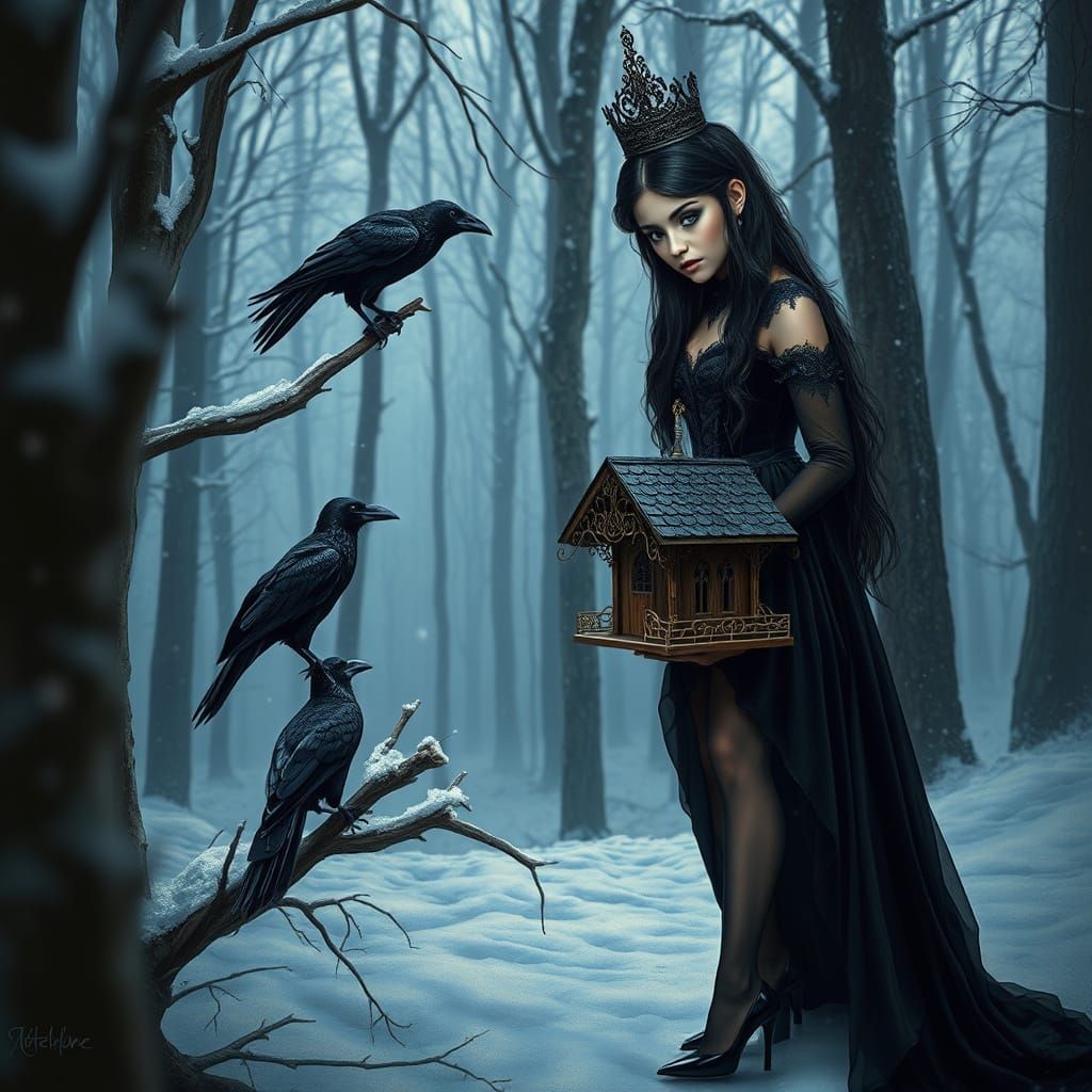 Gothic Princess Presents Birdhouse to Raven