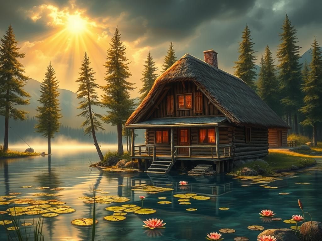 Picturesque Lakeside Cabin with Thatched Roof