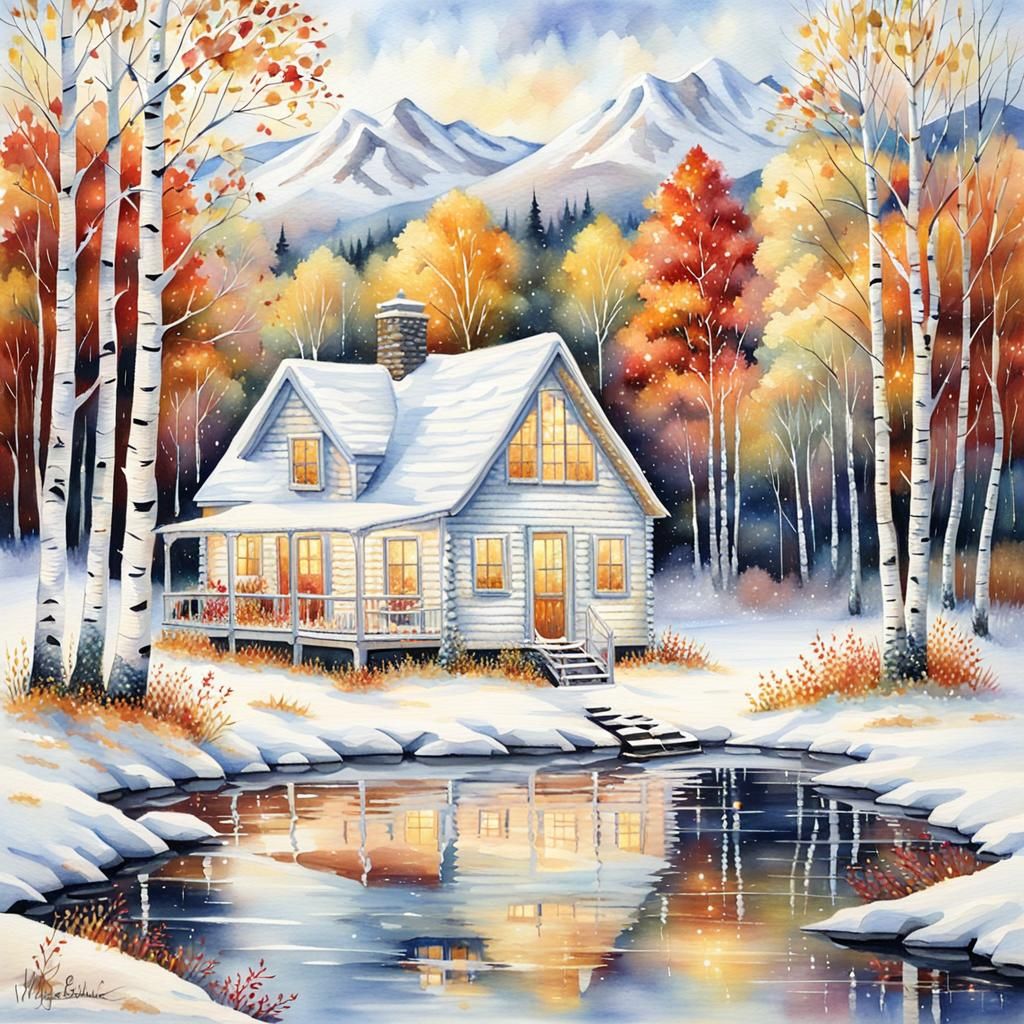 Winter Cabin Retreat Watercolor Painting