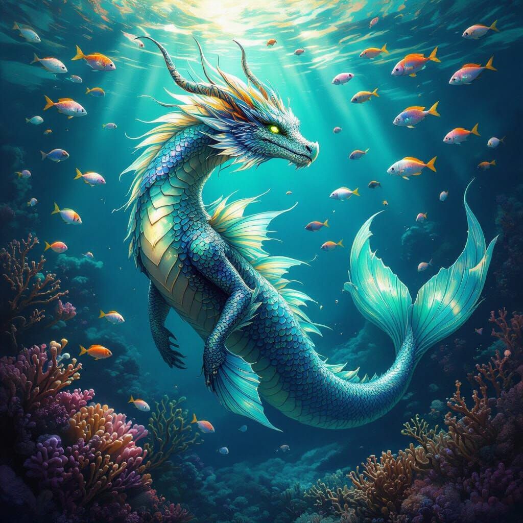 Dragon Mermaid Emerges from Bioluminescent Reef