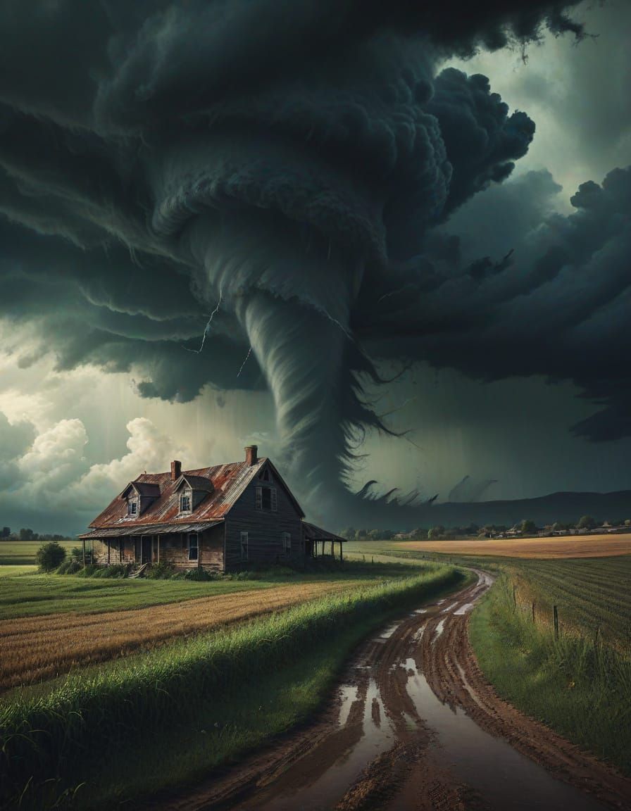 Massive Tornado Over Rural Landscape in Moody Painterly Styl...