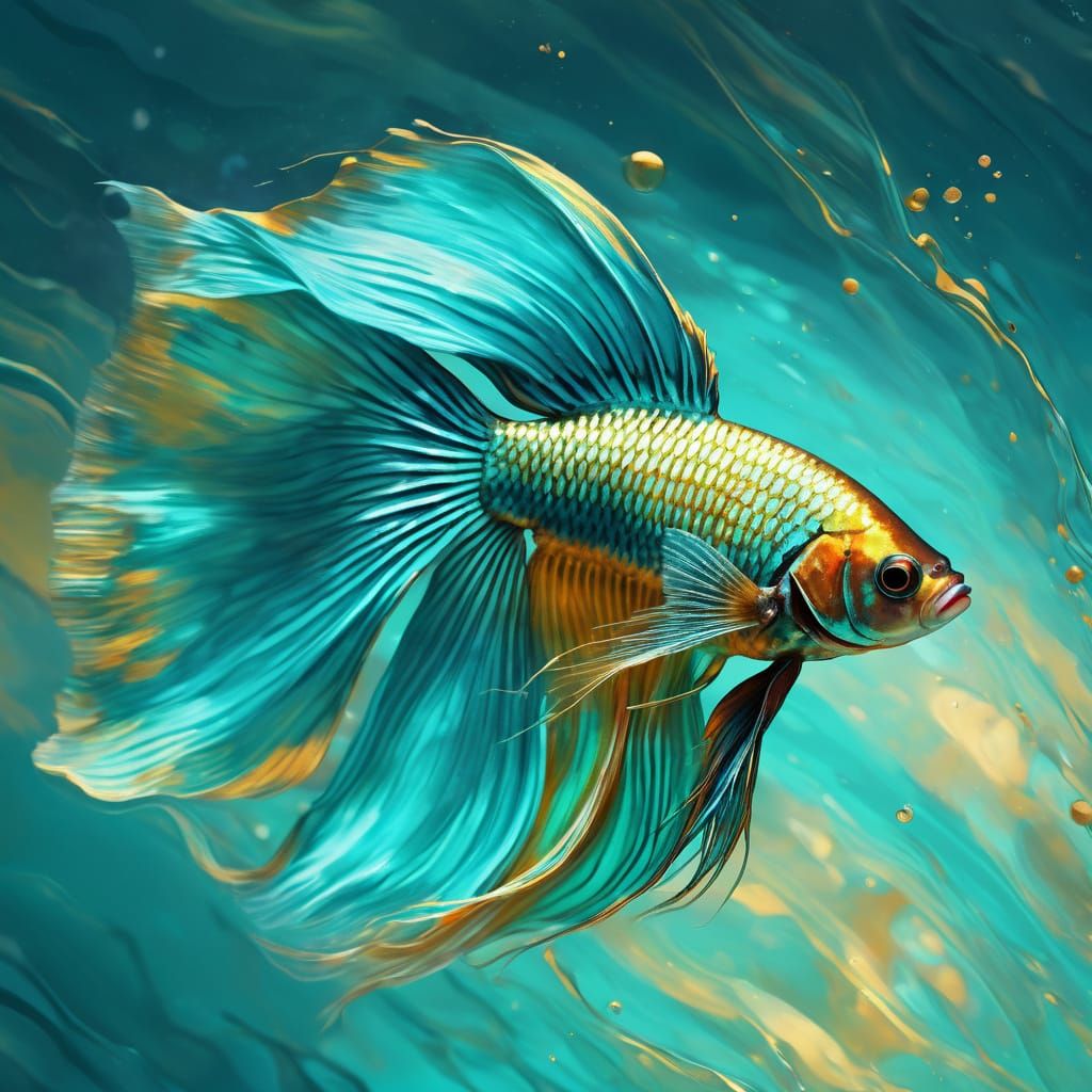 Turquoise and Gold Betta Fish in Hyper-Realistic Digital Art