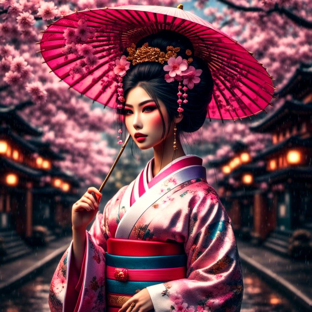 Geisha with Cherry Blossoms in Japan
