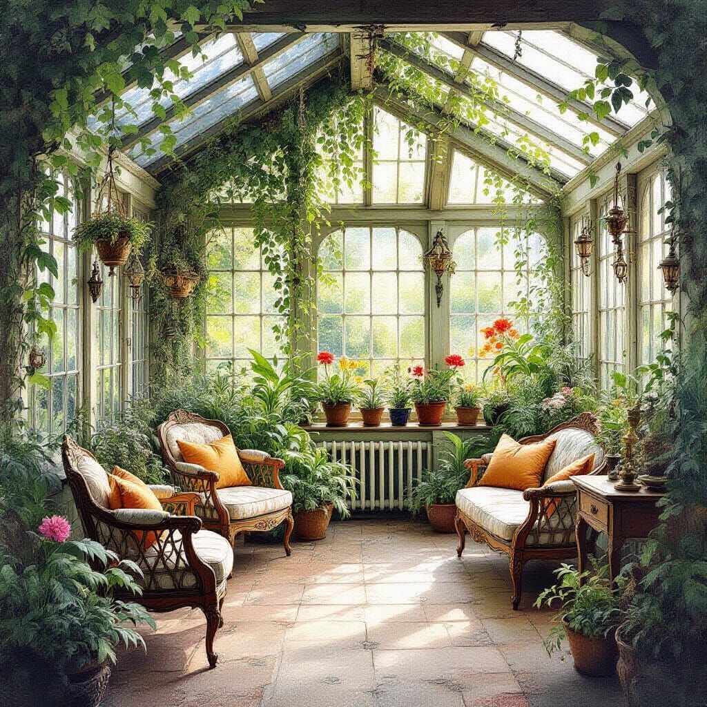 Overgrown Conservatory Illustration in Watercolor Style