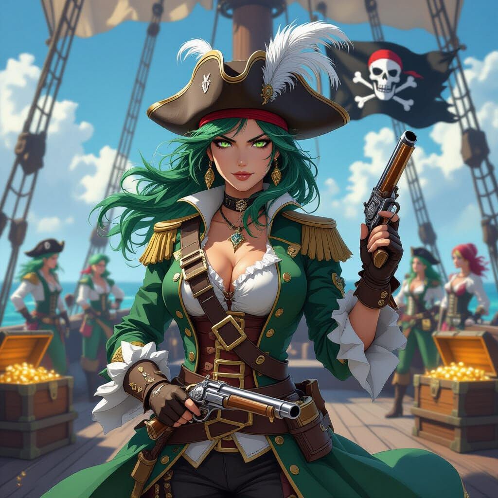 Anime Pirate Captain on Ship Deck in Fantasy Style