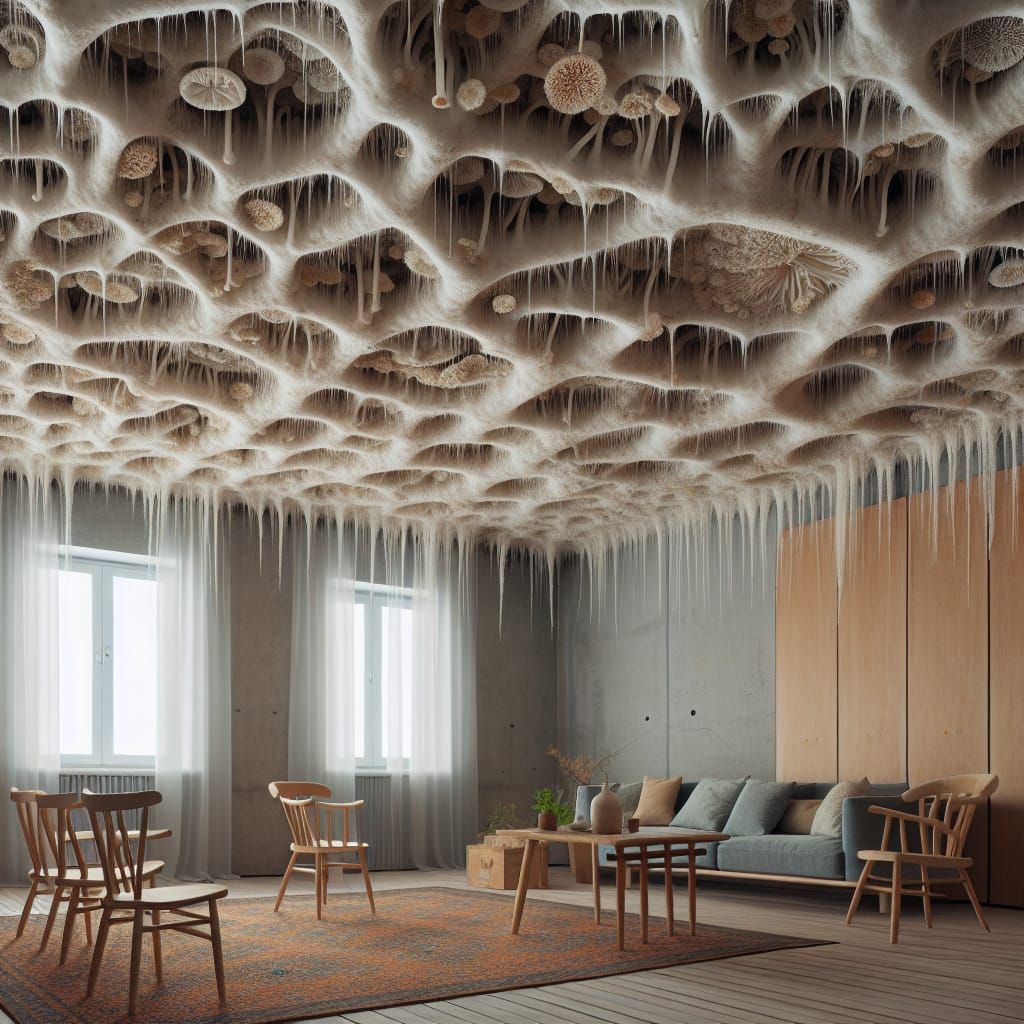 Mycelium Growing from Ceiling in Living Room