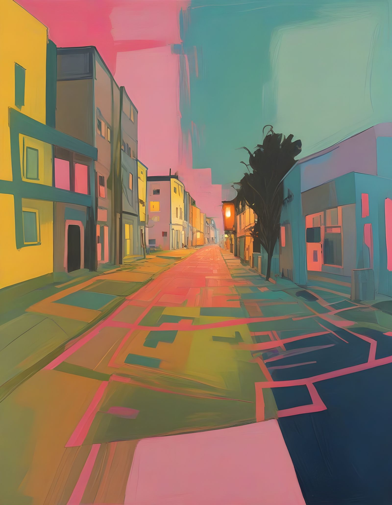 Vibrant Nighttime Village in Abstract Maze