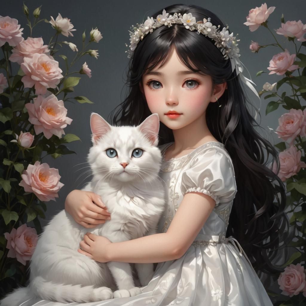 Anime Portrait of Girl with Cats in Iridescent Dress