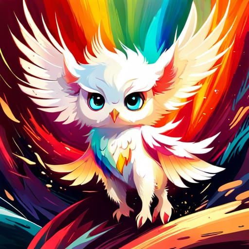 Chibi White Owl in Colorful Explosion, Detailed Fur