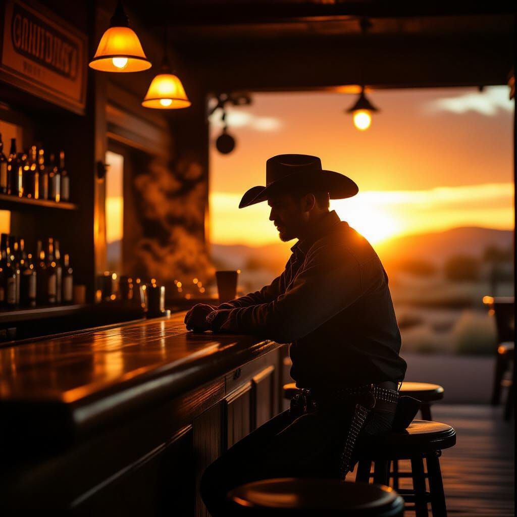 Weathered Cowboy at Sunset in Saloon