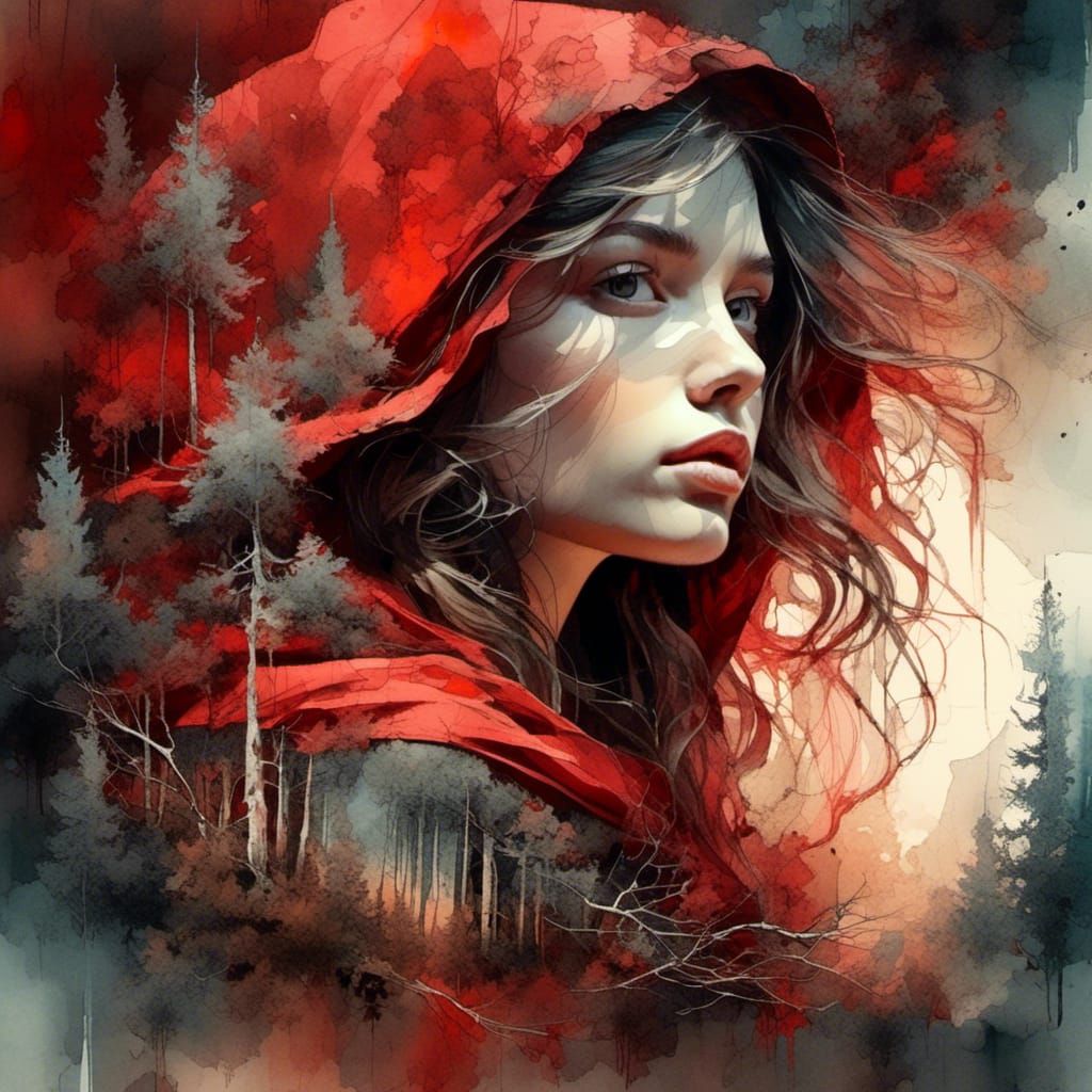 Red Riding Hood Double Exposure Watercolor Illustration