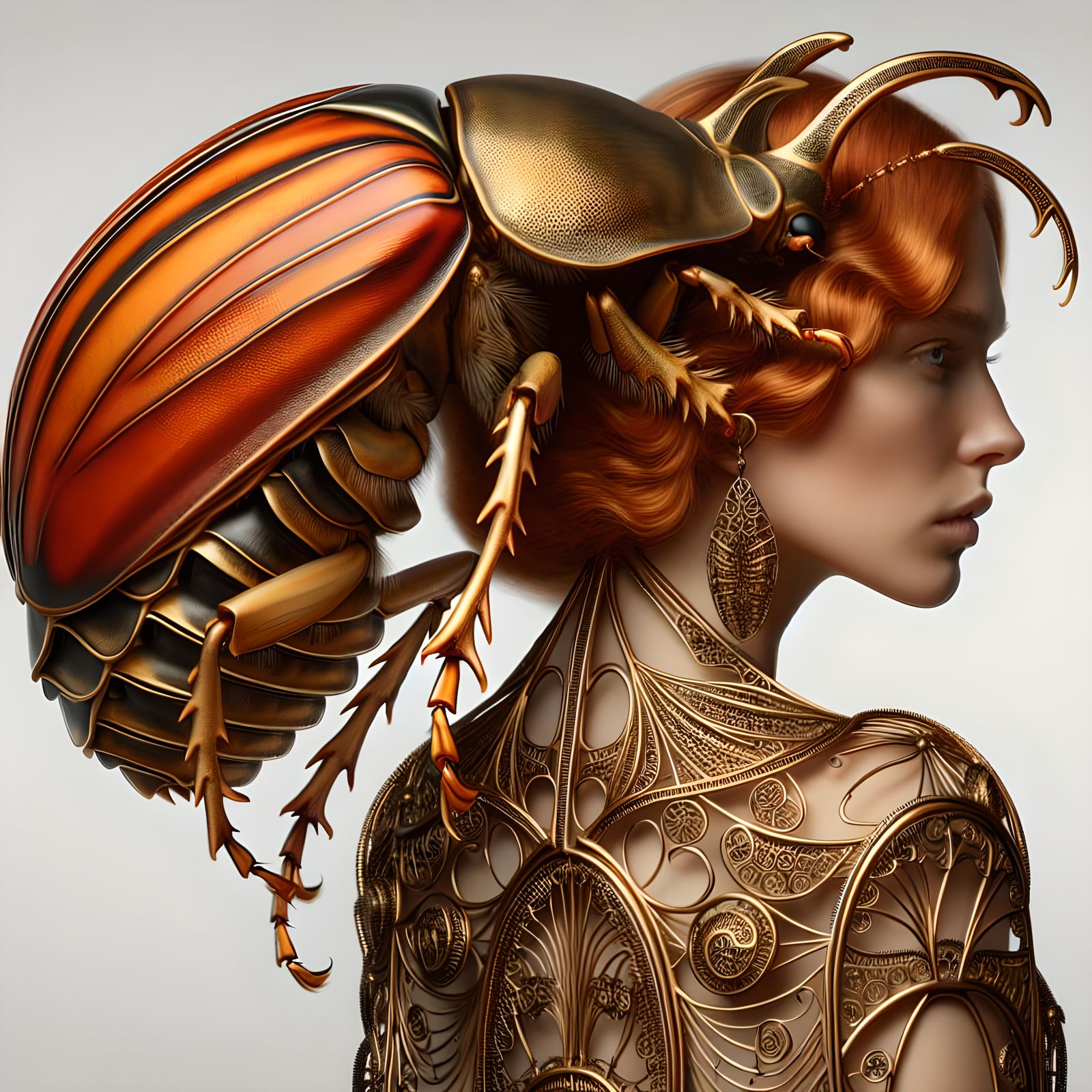 Woman with Bug Exoskeleton in Brass Filigree