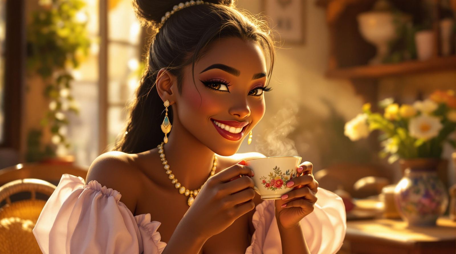 Happy Princess Tiana in Sunny Cafe