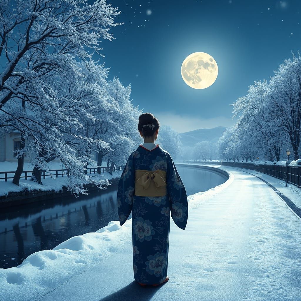 Woman in Kimono Gazing at Moon in Winter Landscape