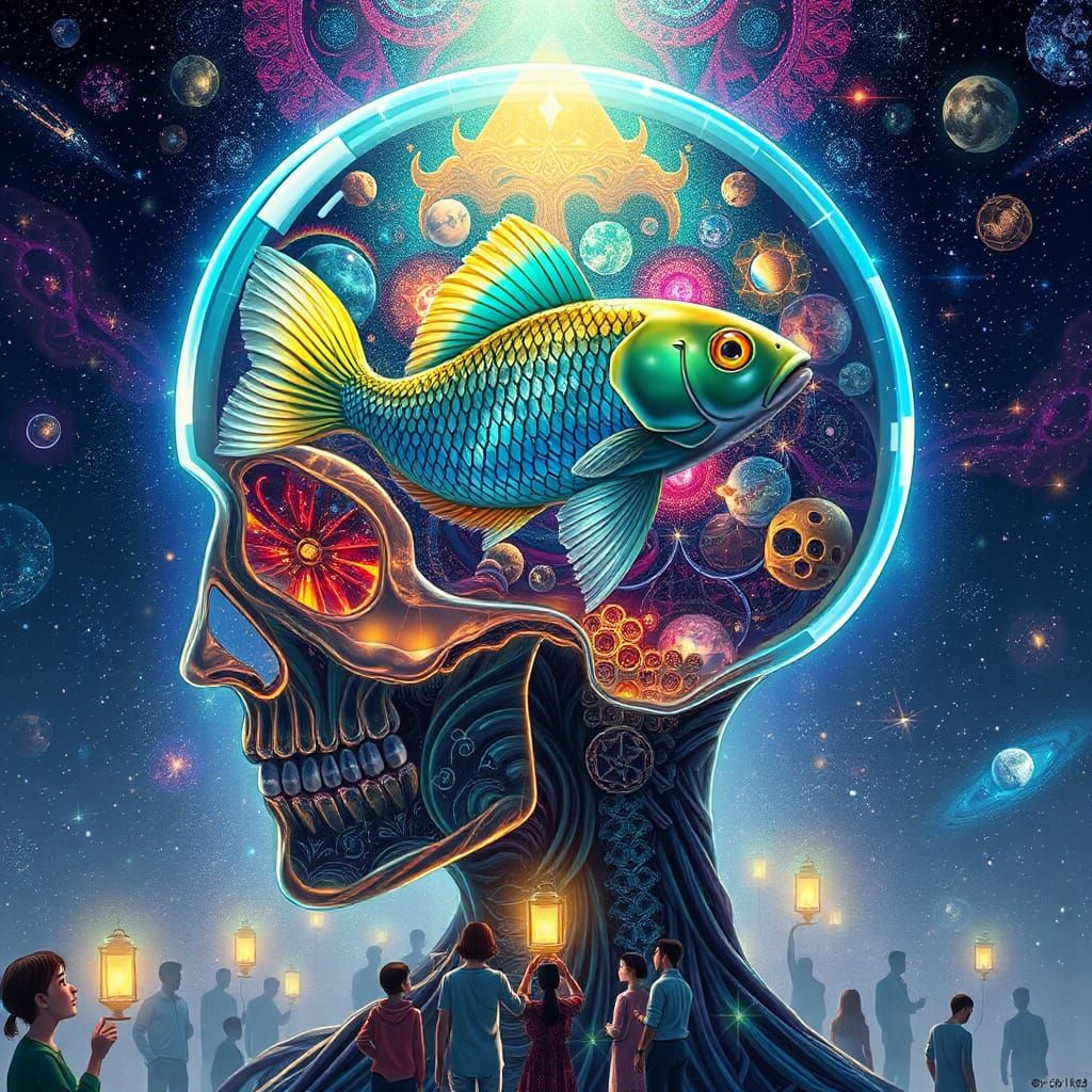 Iridescent Fish in Crystalline Skull, Anime Style