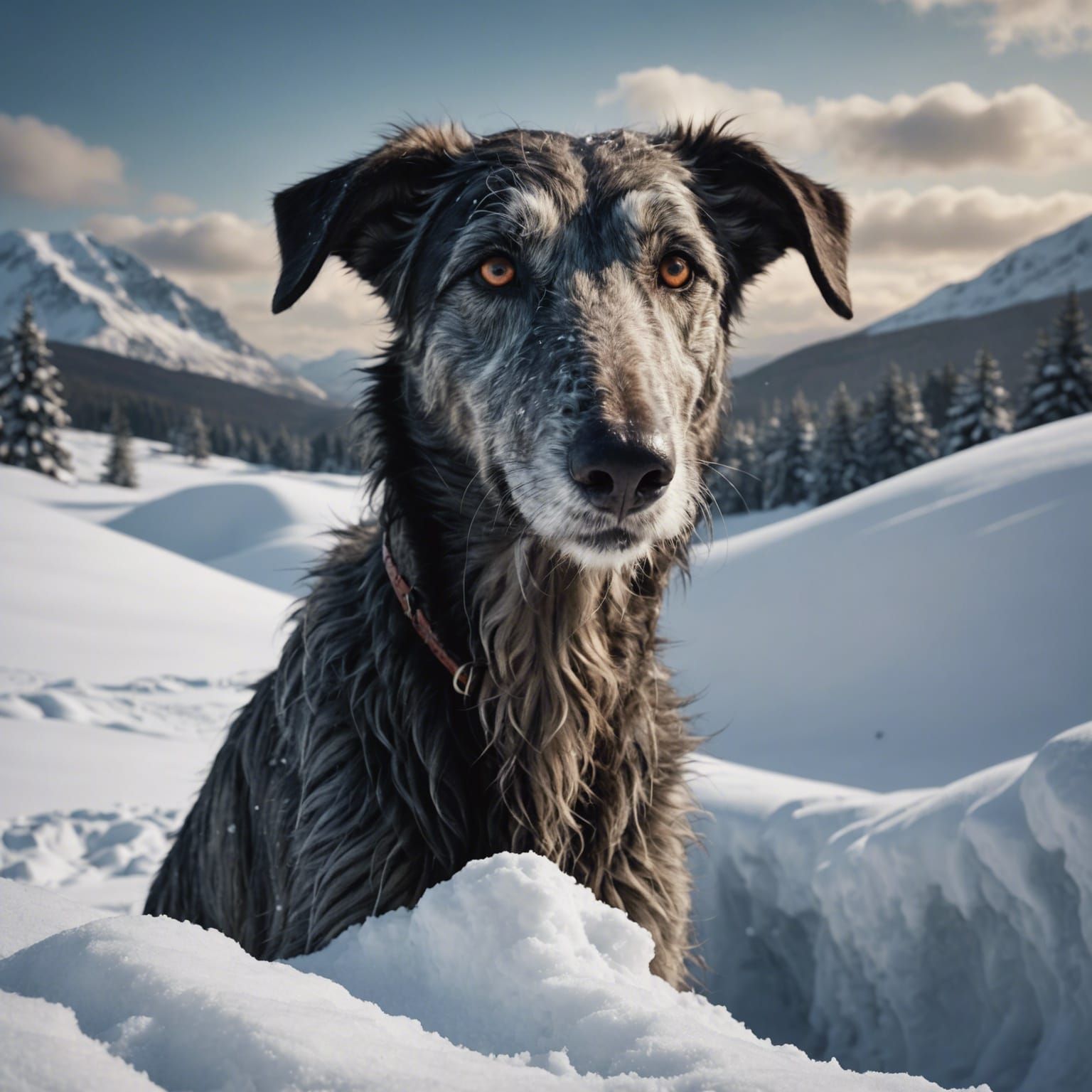 Scottish Deerhound Snout Emerges from Snow Bank