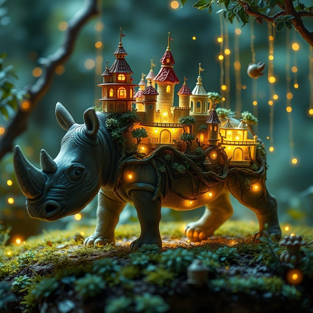 Rhinoceros Carries Fairy Kingdom Diorama in Enchanted Forest