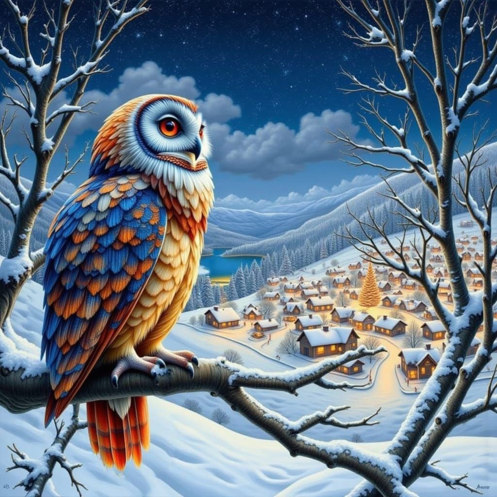 Vividly Colored Owl Perched, Airbrush Style