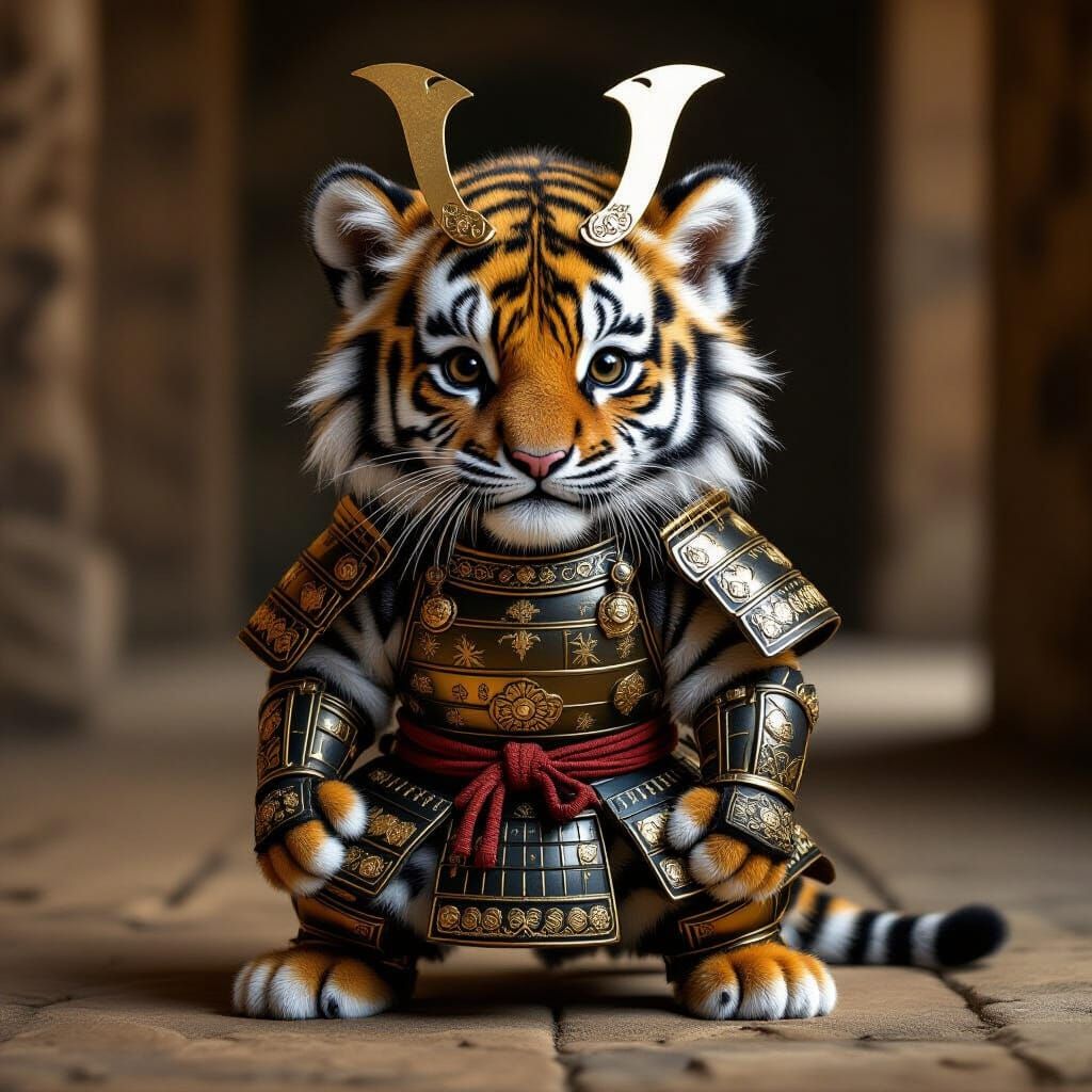 Baby Tiger Samurai in Ancient Armor, Photorealistic